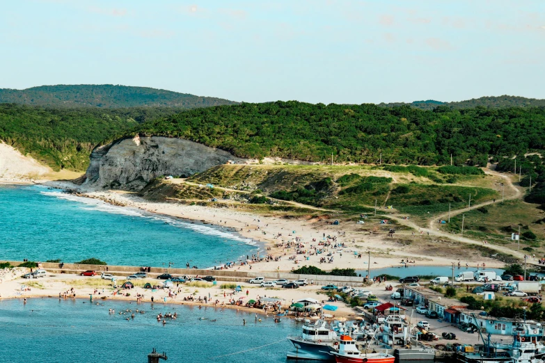 an aerial view of a harbor and beach area