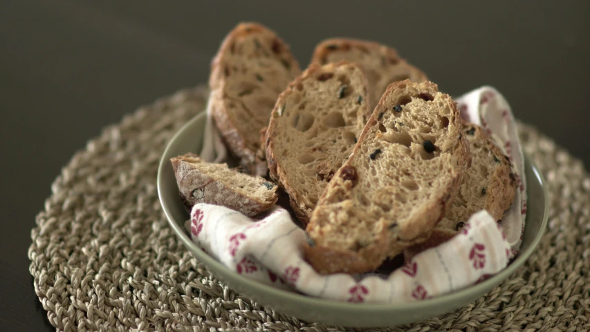 the slices of bread are in a small dish on a table