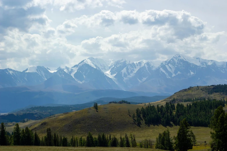 a mountain view with trees and mountains in the background