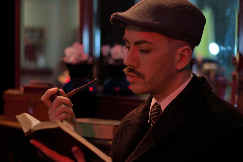 the man wearing a suit is looking at a book