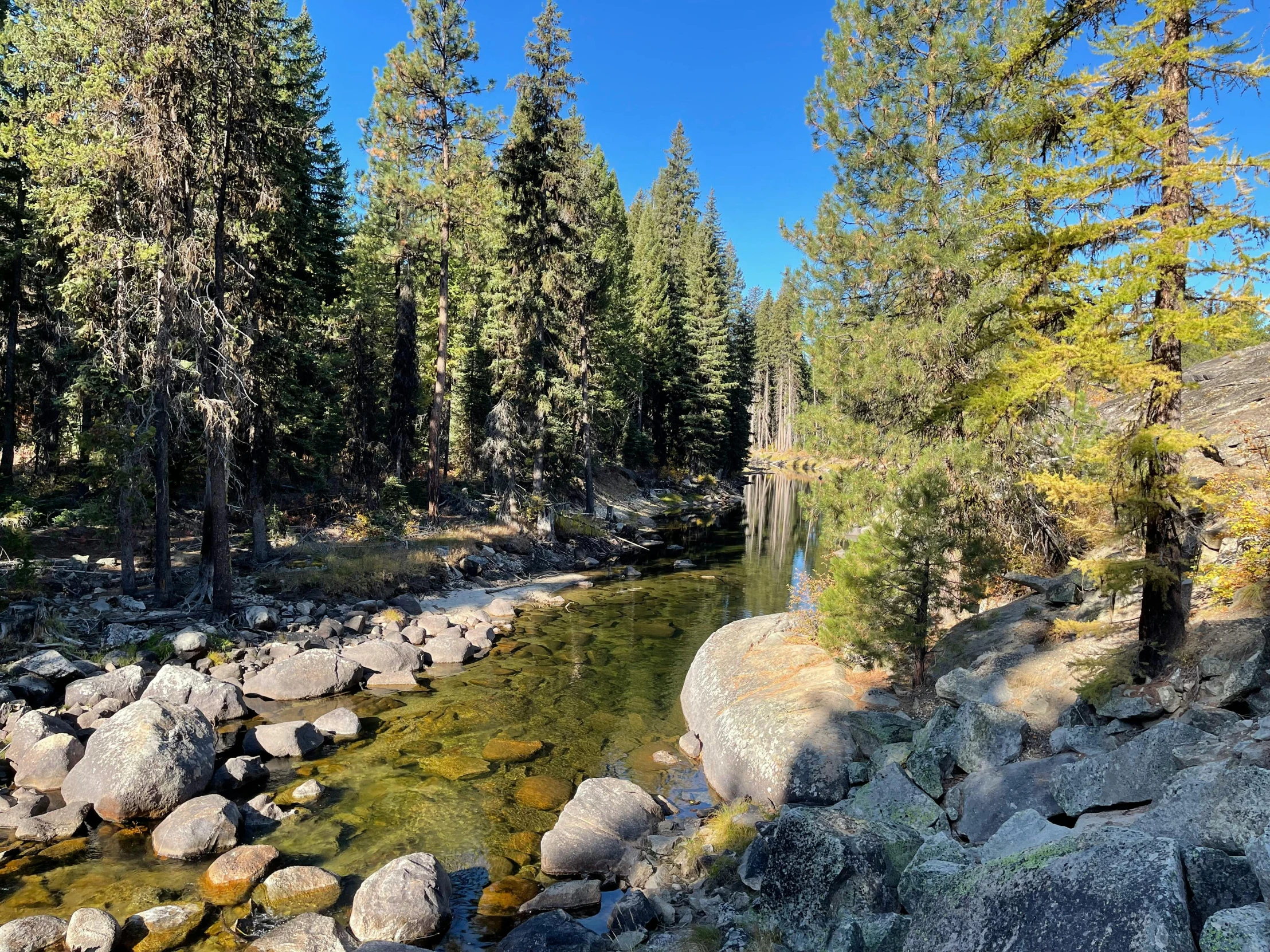 the stream is surrounded by several large rocks and green trees