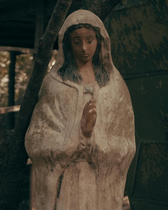 an statue of a person dressed as a virgin in a forest