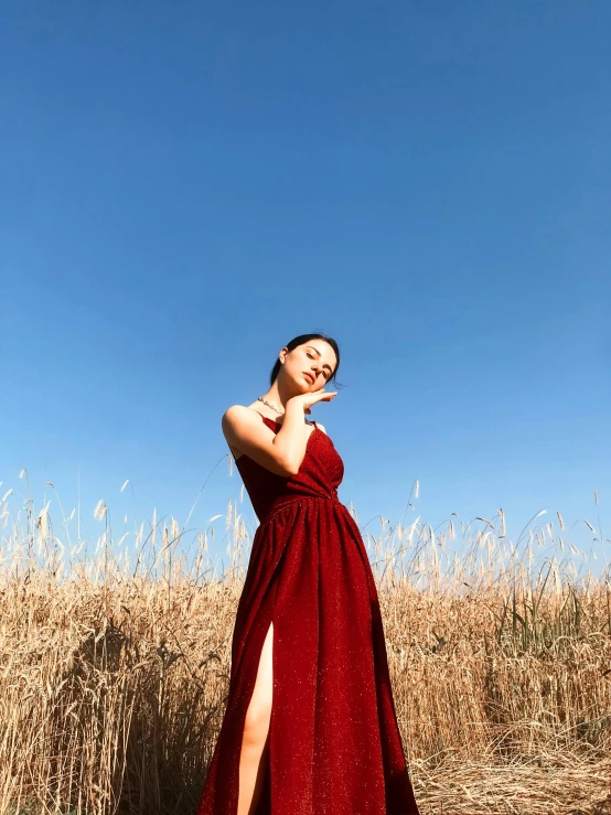 a woman in a dress is in front of a tall grass field