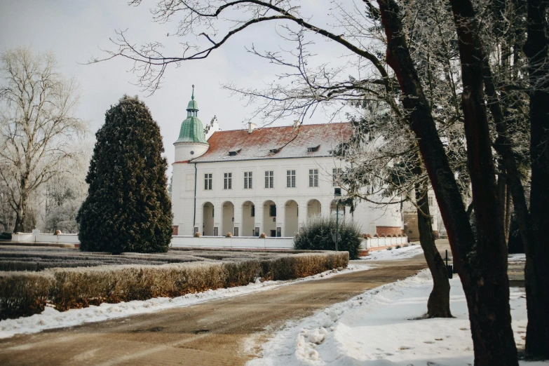 a large white building surrounded by lots of trees