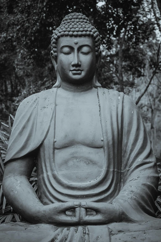 an artistic picture of a buddha statue sitting in a park