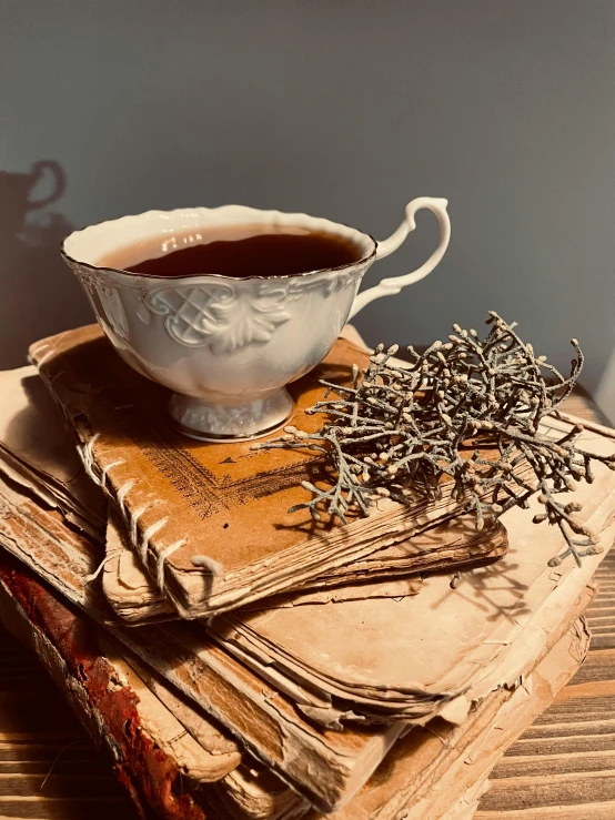 a cup of tea on a saucer, some sticks and several books