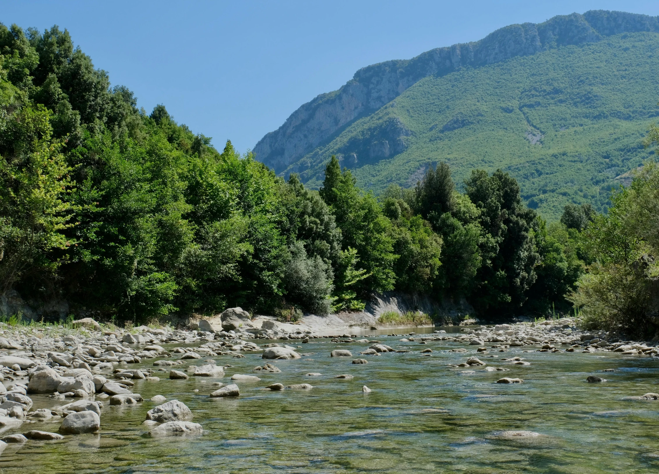 a river flowing down a lush green hillside