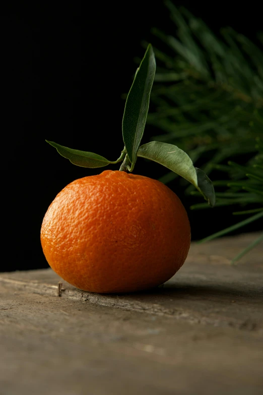 an orange with green leaves on it sits on a piece of wood