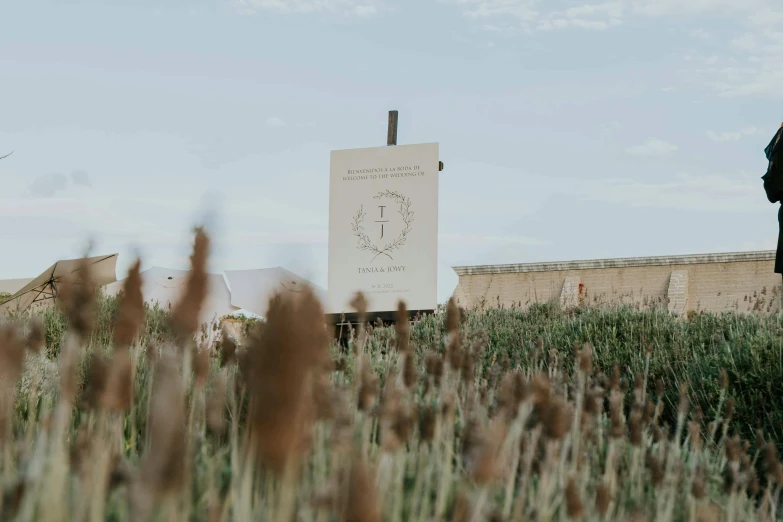 a man is standing in a field with a sign