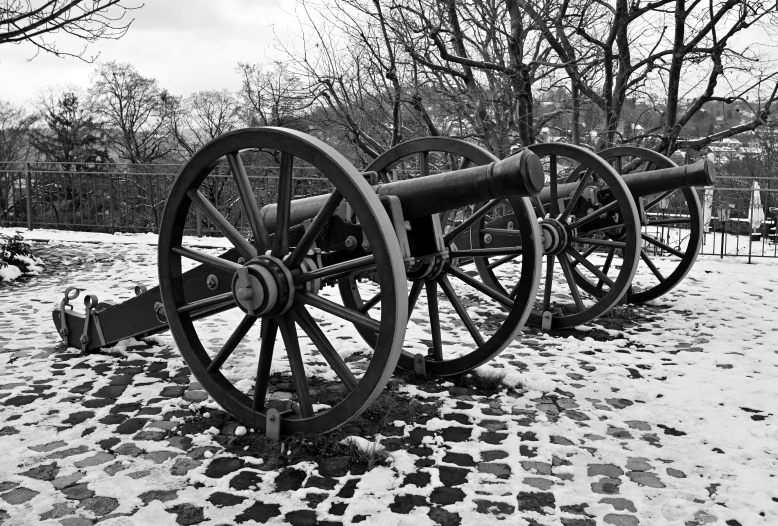 some very old looking and pretty guns in the snow