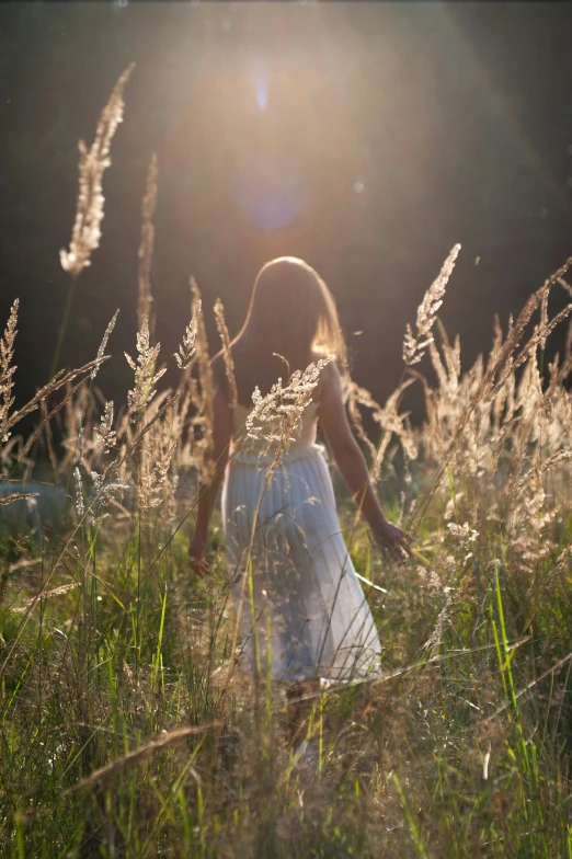 young woman sitting in tall grass during the sun