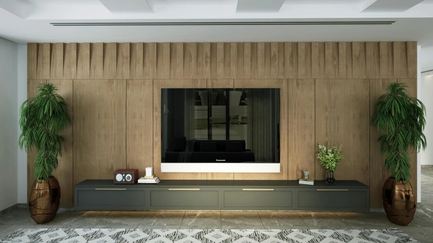 an entryway to a modern house with plants on the wall