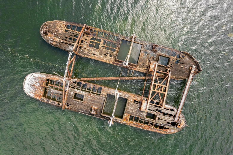 two abandoned wooden ships floating on top of the water