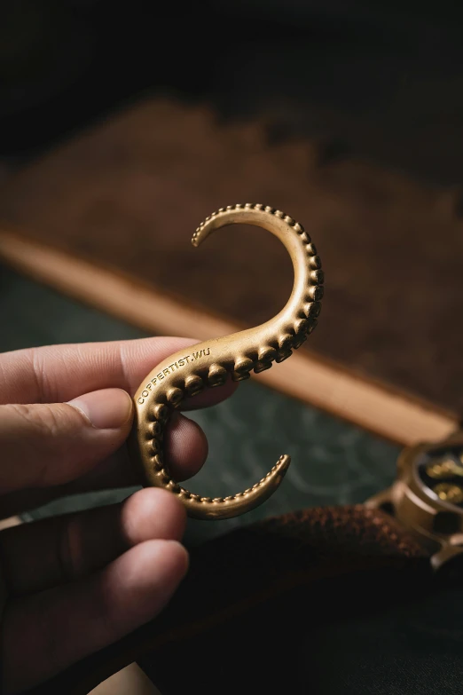 gold metal type object on a persons hand