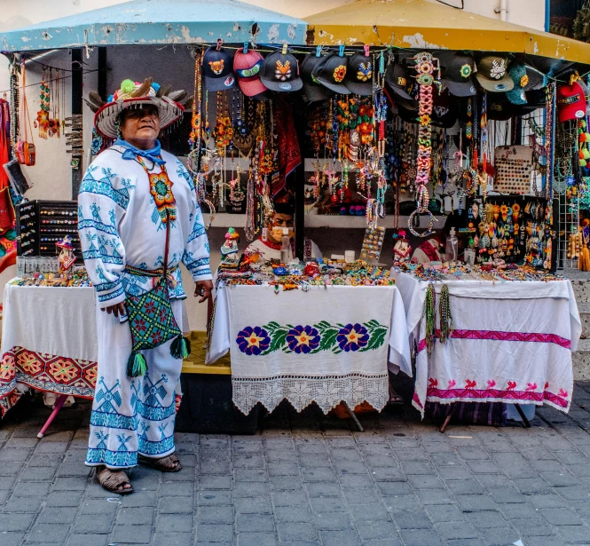 an asian vendor at a shop displays her wares