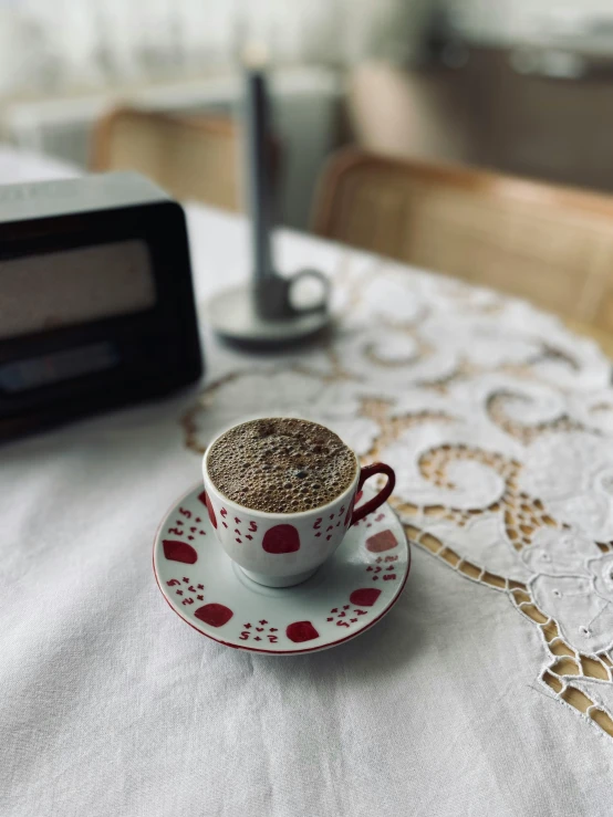 an empty cup of coffee sitting on top of a saucer