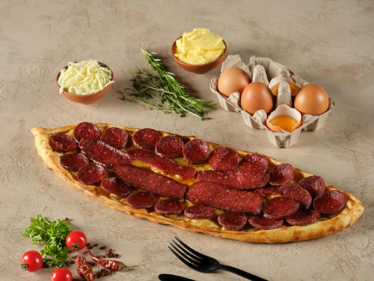 pizza with toppings sits on counter near utensils