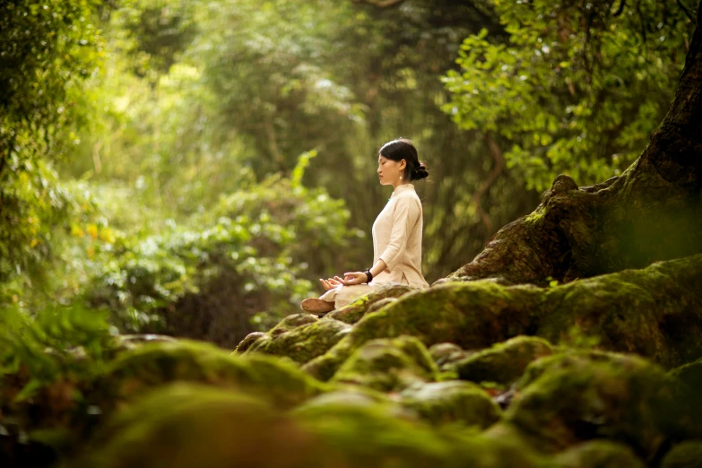 a woman in a white shirt sitting on rocks in the woods