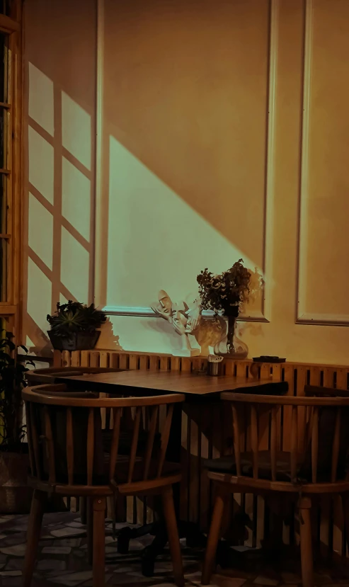 a room with a round table, three chairs and potted plants