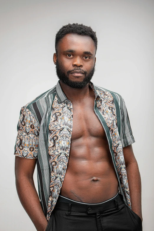 the shirtless man poses for a portrait