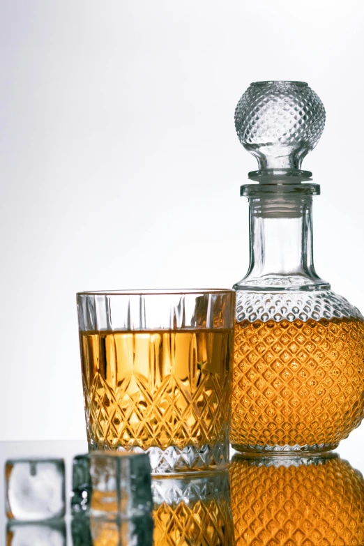 a glass filled with whiskey on top of a counter