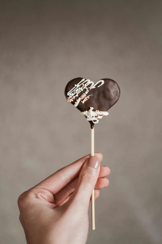 a hand holding up a chocolate cookie on top of a stick