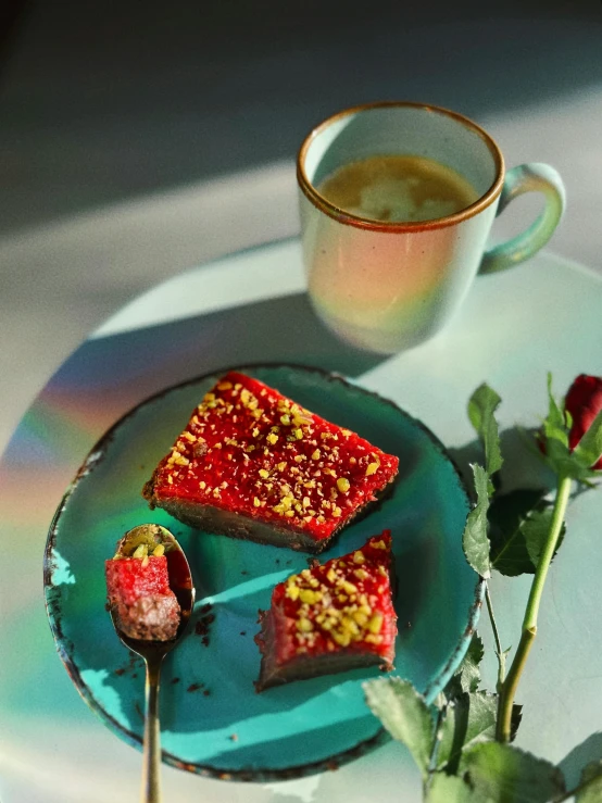 some desert items are on a plate with a spoon