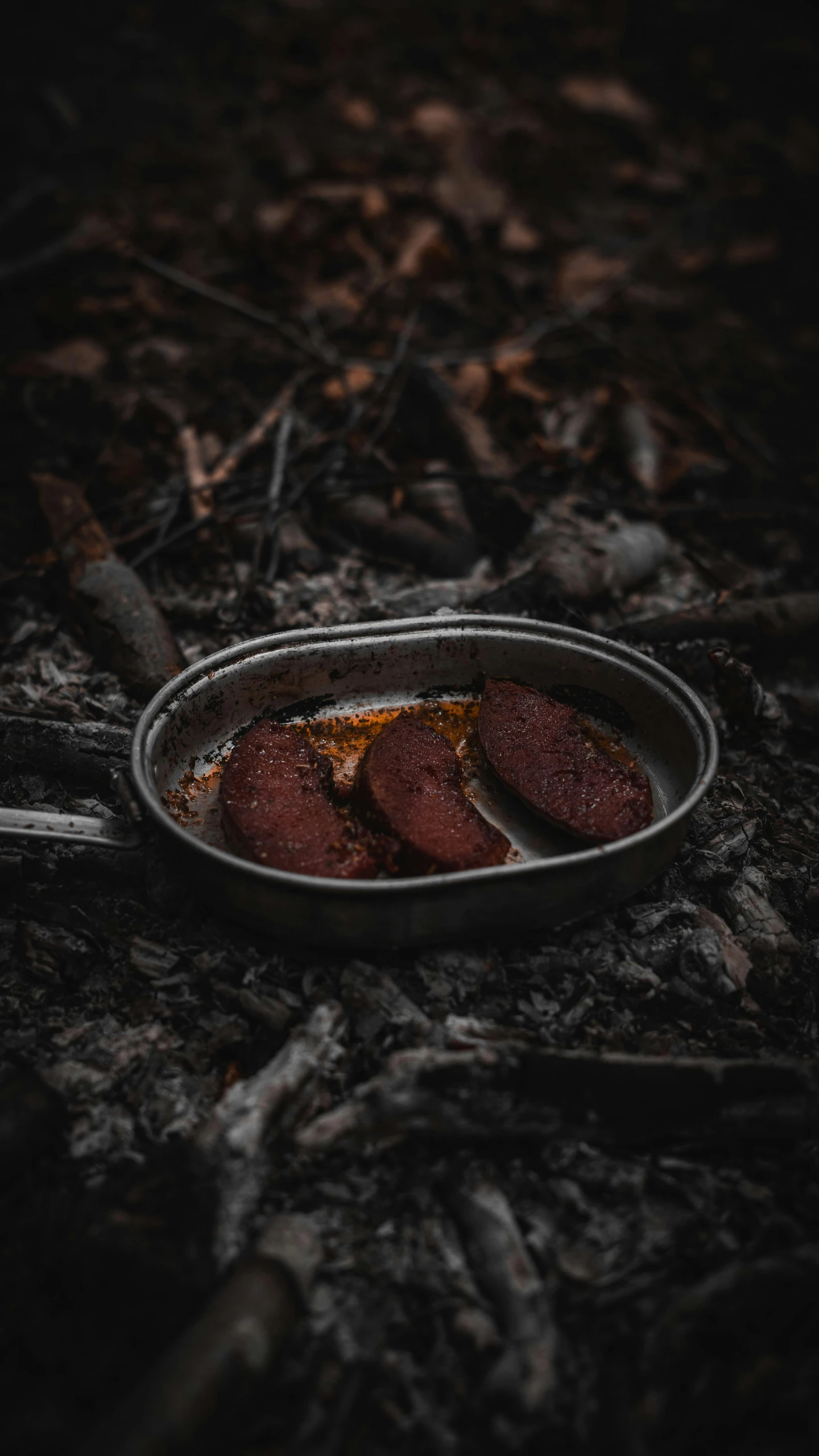 meat in a pan sitting on some dirty ground