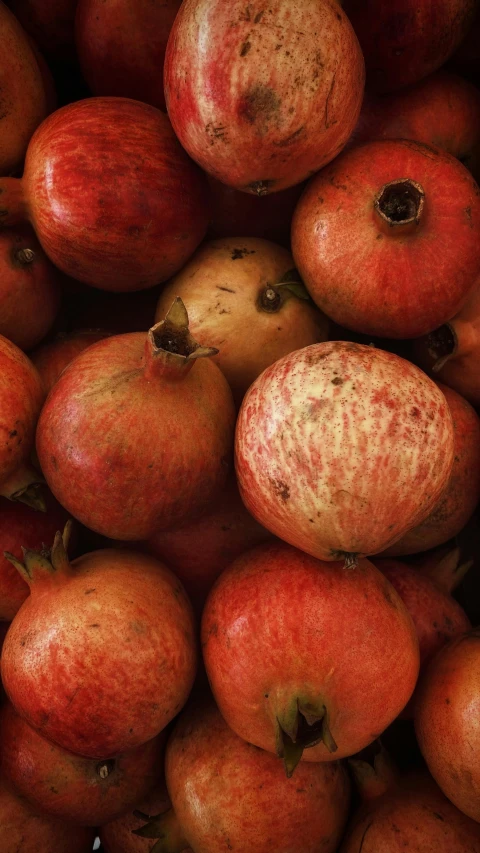 there is some very large pomegranates stacked together