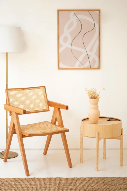 a brown chair sitting next to a table