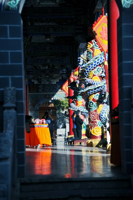 a view from a long corridor with decorations on it