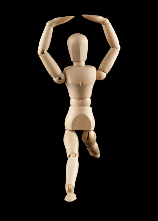 an image of a wooden mannequin flexing his muscles