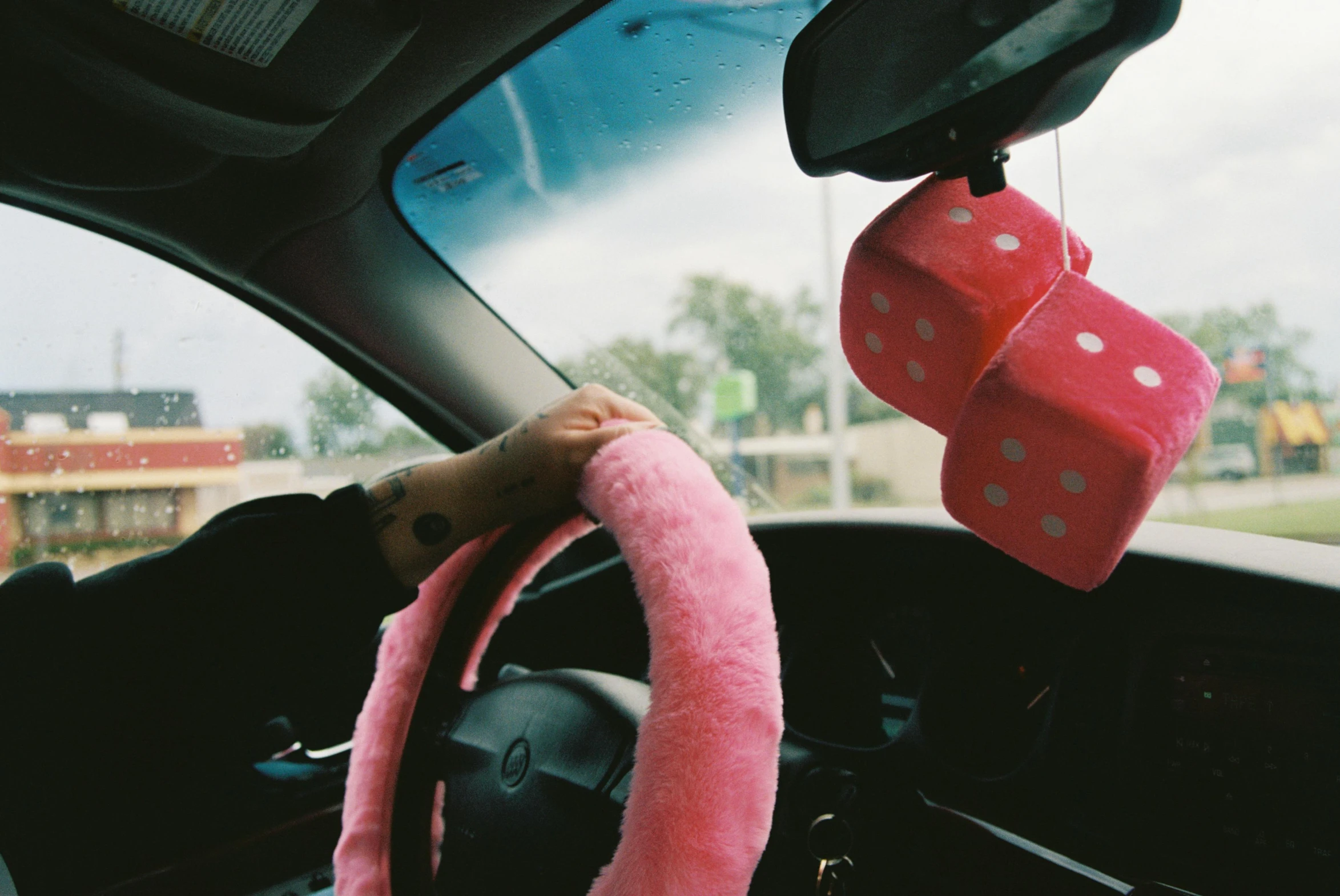 a stuffed animal and two dice sit in a car