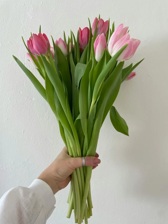 a woman holding a bouquet of pink flowers on the wall