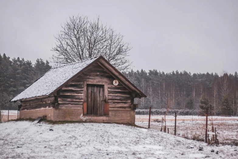 a log house on the side of a snowy road