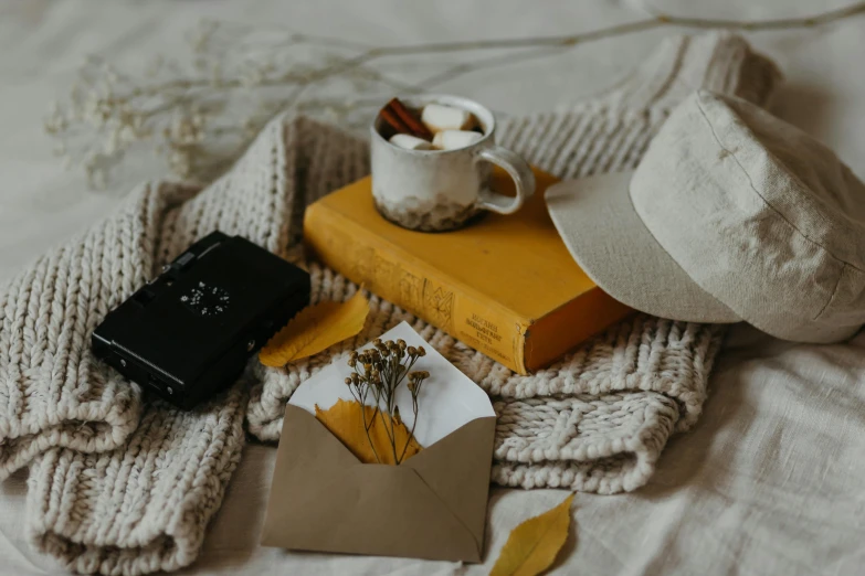 the contents of a personal book laying on a bed