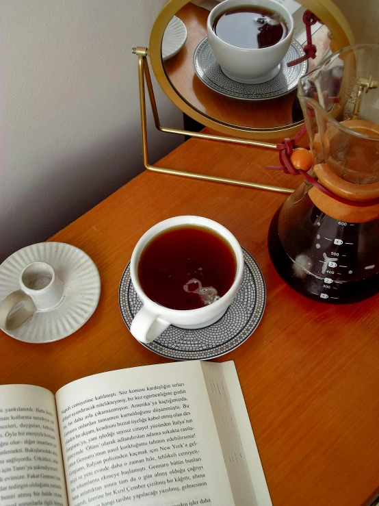 there are coffee cups on the table with saucers