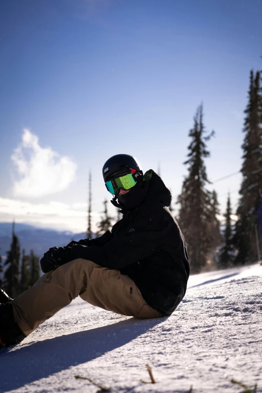 a snowboarder wearing a jacket and goggles is sitting in the snow