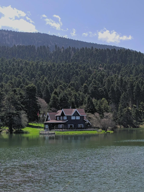 this is the view of a lake and house in the background