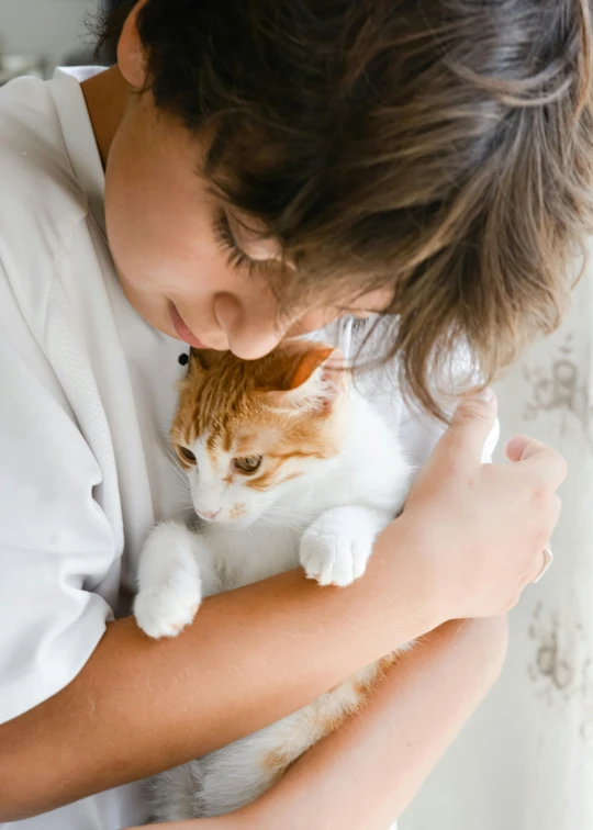 an orange and white cat sitting on top of a woman's arm