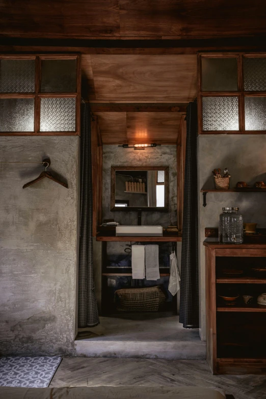 a rustic looking bathroom in the cabin is clean and ready to use