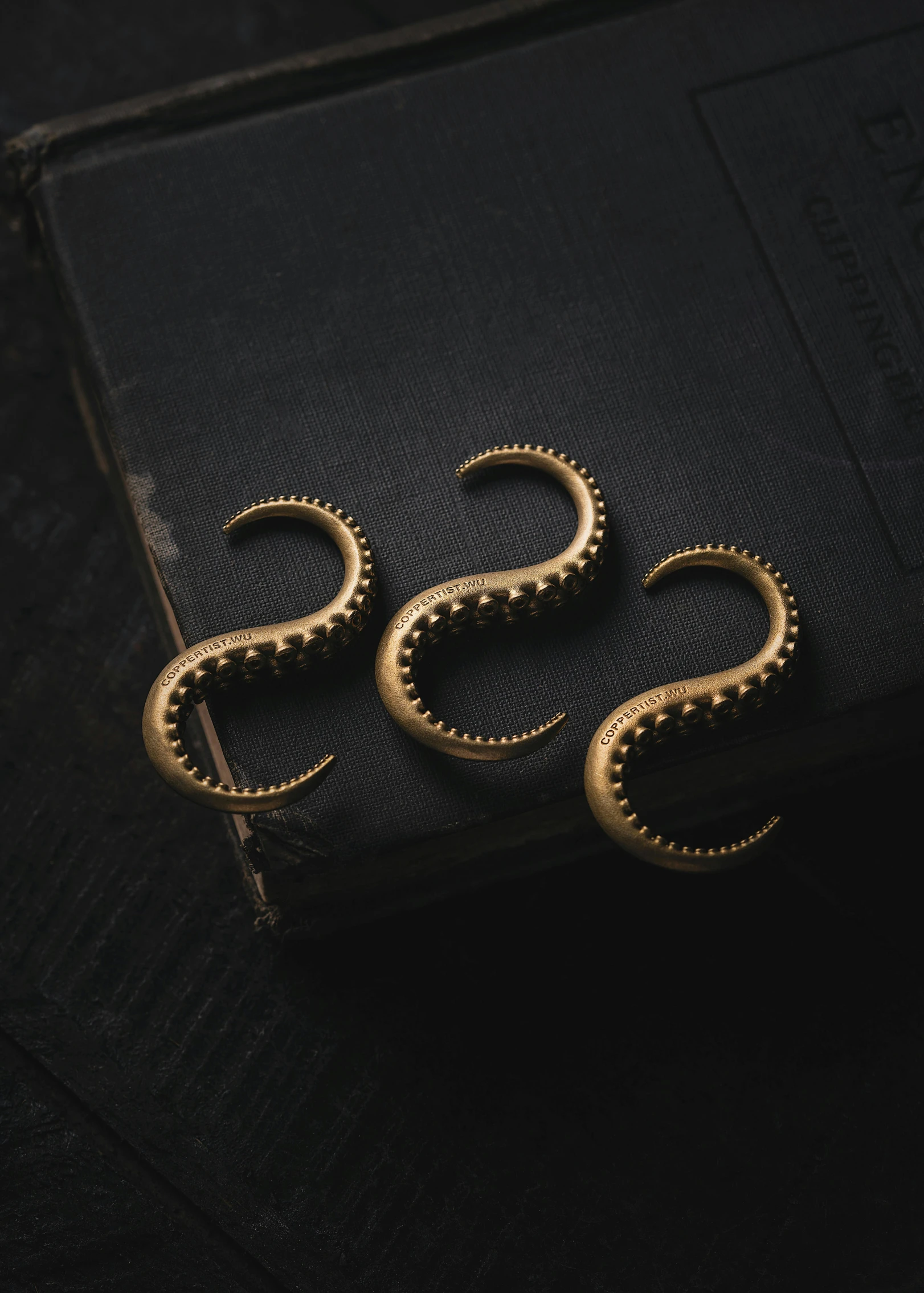 gold spirals on a black cloth and two ring designs