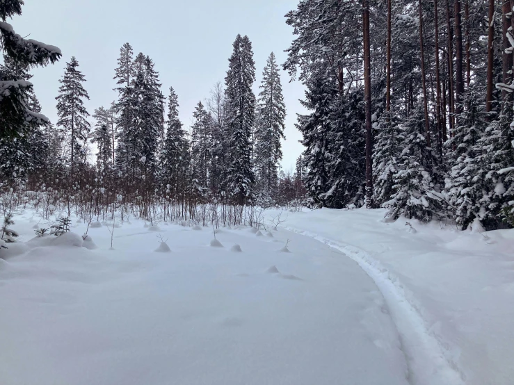 the snow is covering the ground on this ski slope