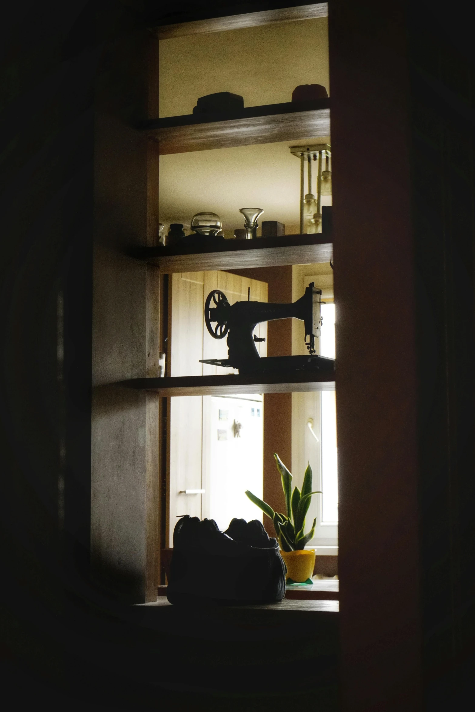 an old sewing machine is next to a potted plant