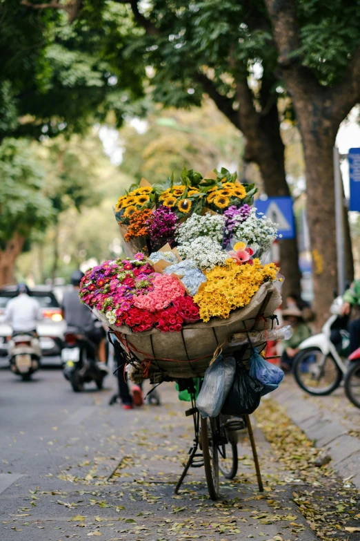 a basket of flowers sitting on the back of a bike