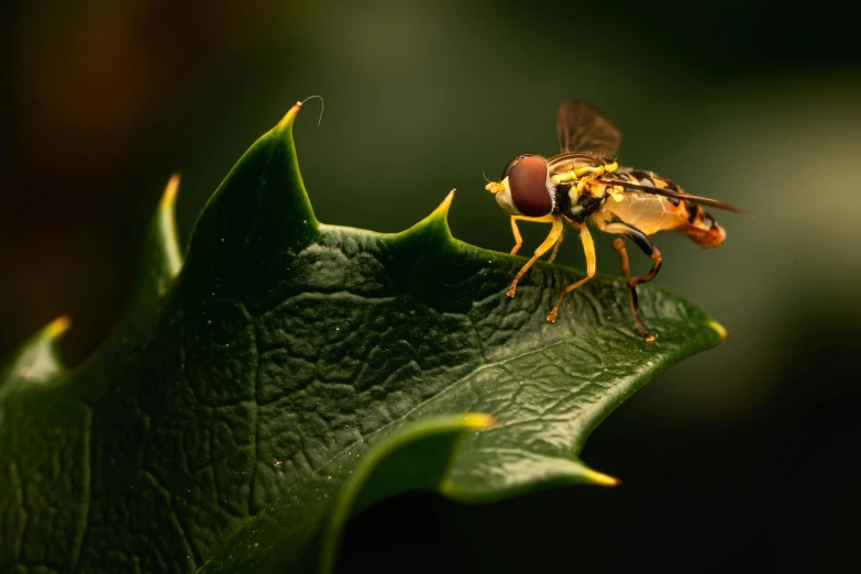 a hover fly on a green leaf in the sunlight