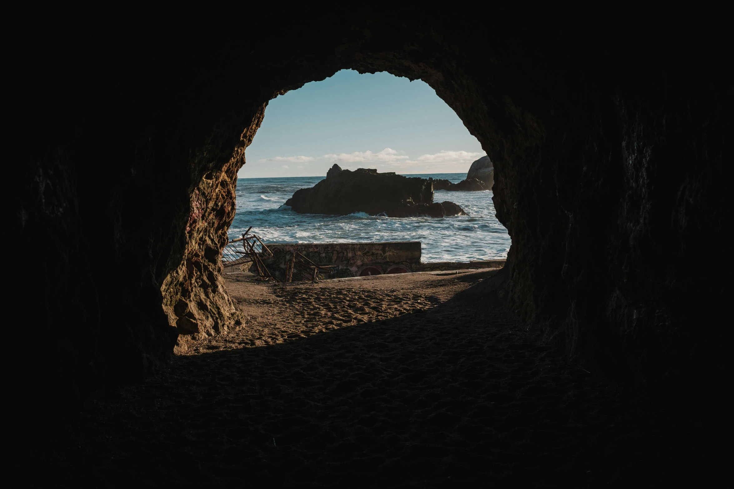 view out the tunnel looking towards the beach