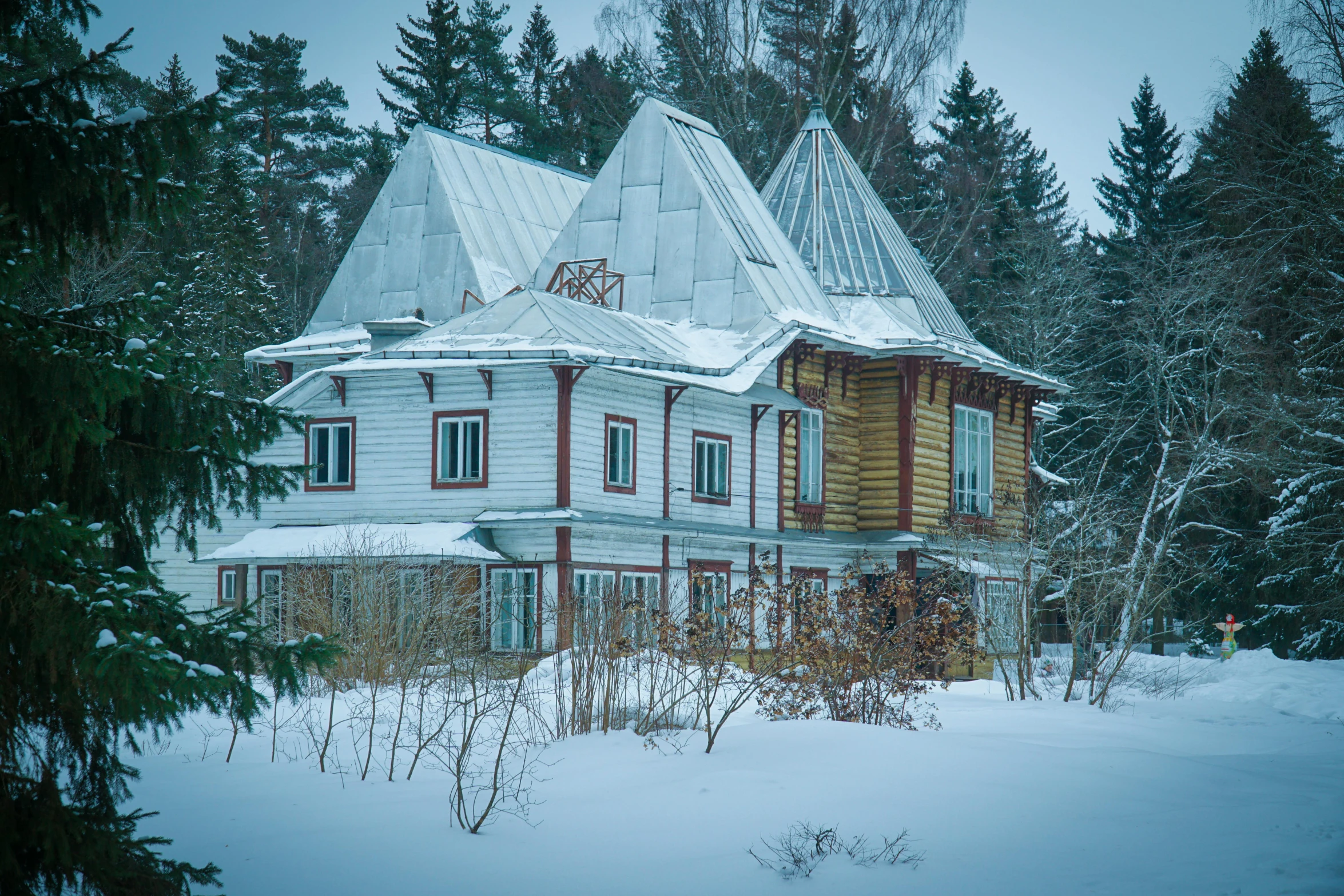 a large house in a forested area covered in snow