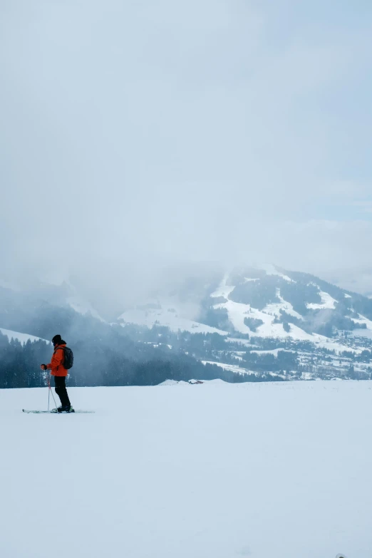 a person in skis standing on top of a snow covered slope