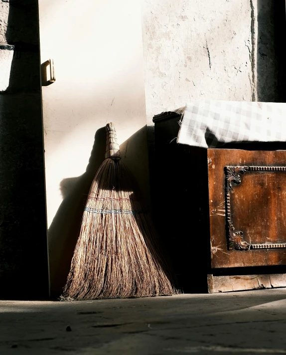 a collection of items sits against the wall